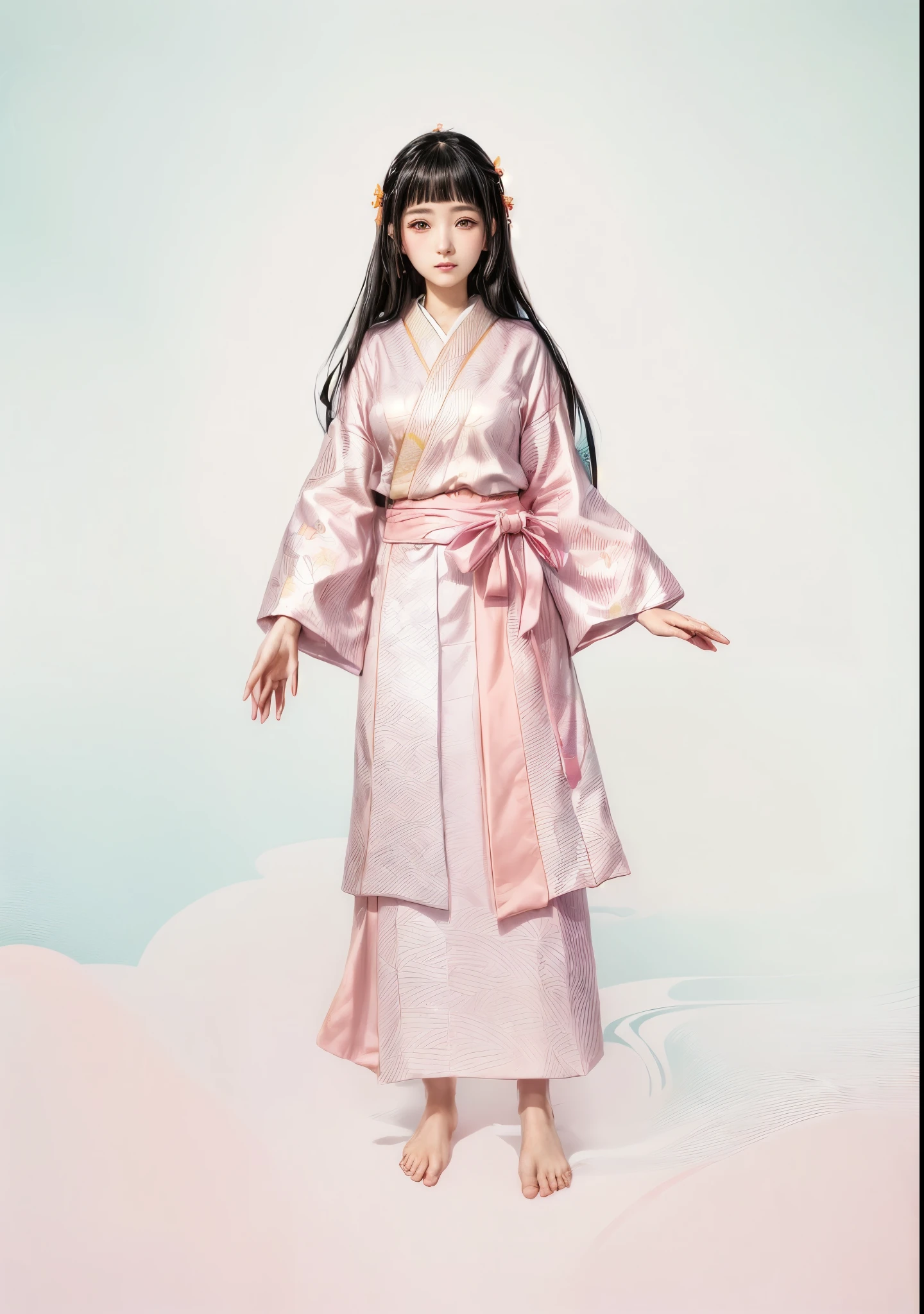 Anime girl with long black hair wearing a kimono, Hinata Hyuga, wearing a haori, Nezuko-chan, Female Anime Characters, mitsumayo, harumi, Anime full body illustration, Nezuko, Flowing hair and long kimono, katsura masakazu, Light-colored clothes, utamaro kitagawa style, Light pink dress、There is a light yellow apron、barefoot、Japanese。