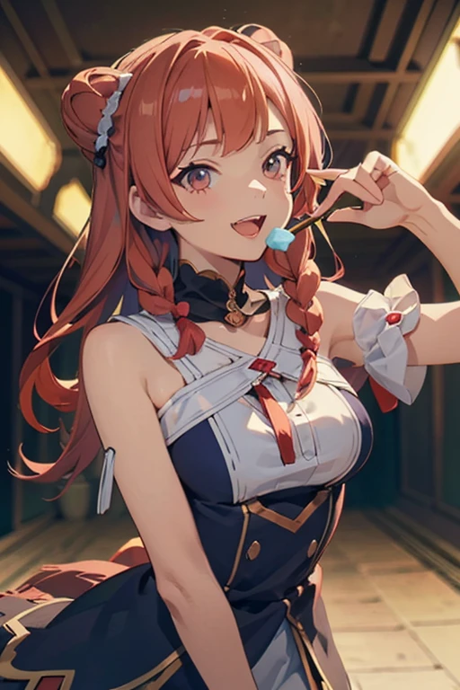 (Masterpiece: 1.2), Best Quality, (Illustration: 1.2), Eye Focus, (Ultra Detailed), Ultra Detail, (Fine Detail), (Intricate Detail), (Cinematic Light, Best Quality Backlight), Clear Lines, Solo Female, Solo Female, Perfect Figure, (1 Girl), High Contrast, (Best Lighting, Extremely Delicate and Beautiful), ((Cinematic Light)), Powerful, Absolutely Striking, Dynamic Angle, Gorgeous Background, cute Teeth, Open Mouth, mischievous smile, close-up, depth of field, close-up of a long-haired character. A cute tongue sticks out of the mouth, long hair, big breasts, short sleeves, dress, bare shoulders, braids, porcelain clothes, having an icecream
