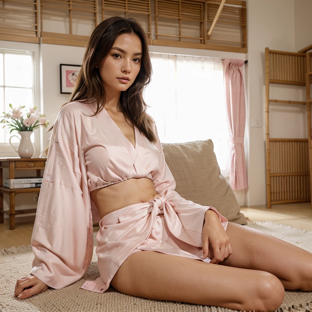 Female supermodel. Pink Kimono. Bamboo. White floor cushions. Soft lighting. Living room. Close-up.