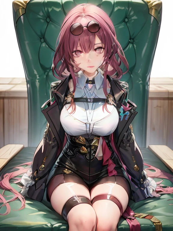 Anime girl sitting on a green chair，Wearing a pair of sunglasses, Fine details. Girls Frontline, from Girls Frontline, Girls Frontline style, best anime 4k konachan wallpaper, Girls Frontline cg, From Azur Route ,Squint your eyes, Smile, Large Breasts. (((Cleavage)))8k, Super detailed, fair and aesthetic, high quality, fair, masterpiece, best quality, permanent, lean forward, Glowing skin, Sticking out tongue of mouth, blush, Sexy body, Definition, Perfect eyes, Sticking out tongue, blush, Strabismus,（with tears in eyes, Saliva residue）, The hem of the skirt is wet, Brushed, photography, 8k, HDR, high resolution, absurd:1.2, Kodak Portrait 400, Film Grain, Blurred background, Bokeh:1.2, lens flare, (Energetic_color:1.2),专业photography师