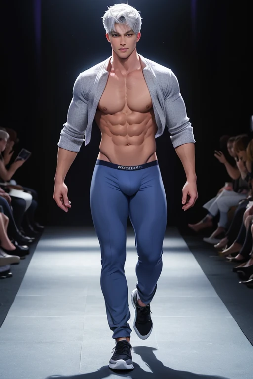 Full Body photorealistic handsome Hunky Jack Frost  underwear thong model walking in the runway for fashion show super massive bulge 