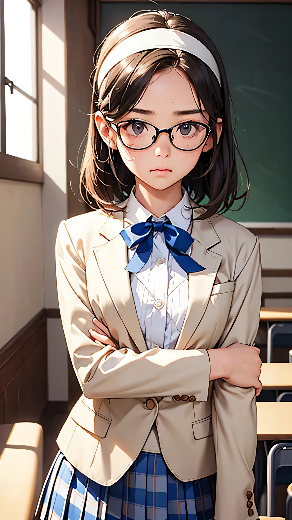highest quality、Realistic、girl、Japanese、zoom、cute、classroom、Gray Eyes、Light Brown Hair、Bob Hair、Off-white blazer、White blouse、Ribbon、Blue checked pleated skirt、Face close-up、thin、Small breasts、Pouting、freckles、Glasses、Headband