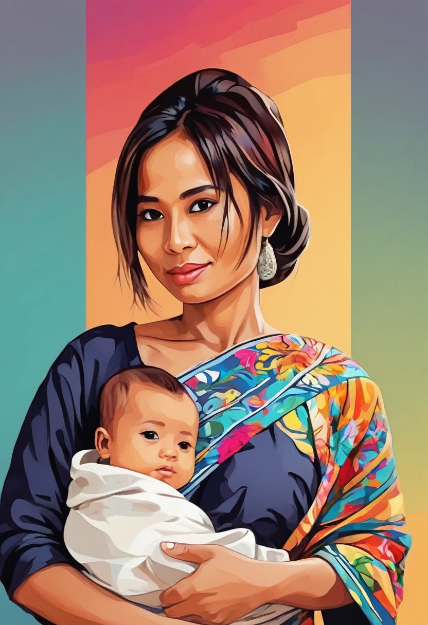 WPAP Style, a close up of  a woman holding a  in a sling in a kitchen, inspired by I Ketut Soki, batik, with a kid,th ivy, by I Ketut Soki, wearing traditional garb, special, barong family member, inspired by Mym Tuma,30 years old woman, by Benjamin Block ,on a colorful background, vector art style, in style of digital illustration, extremely high quality artwork, vector art, vector artwork, high quality portrait, digital art illustration, artistic illustration, stylized digital illustration, beautiful artwork, wpap