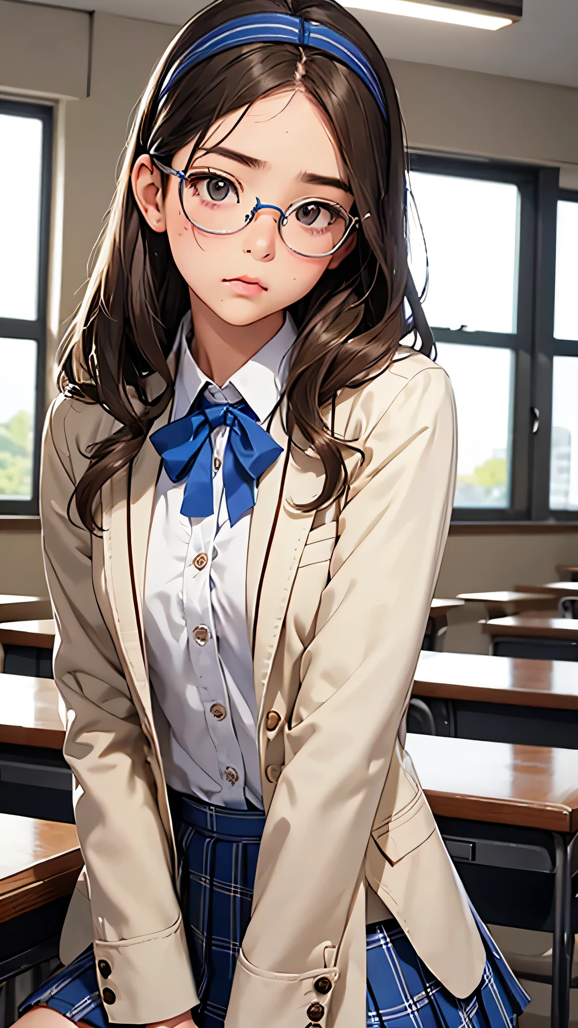 highest quality、Realistic、girl、Japanese、zoom、cute、classroom、Gray Eyes、Light Brown Hair、Bob Hair、Off-white blazer、White blouse、Ribbon、Blue checked pleated skirt、Face close-up、thin、Small breasts、Pouting、freckles、Glasses、Headband