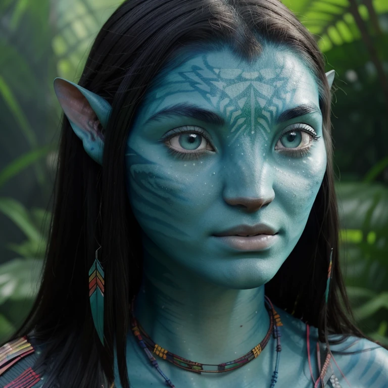 avatar style, (face portrait:1.6), naavi,1girl, asian female, glowing blue eyes, pointy ears, (light blue skin tone:1.0), (straight hair:1.0), black hair color, ((long hair)), (young adult), 18 years old, face wrinkles, wearing colorful tribal clothing, (wearing tribal acessories), detailed eyes, toned body, muscled body, vibrant colors, glowing, ethereal atmosphere, surrealistic dreamy lighting, textured skin, otherworldly beauty, mesmerizing photography, (best quality, highres), vivid colors, ultrarealistic, skin details, striped skin, sfw, face close-up:0.5, ultradetailed body, ((green skin)), (avave)