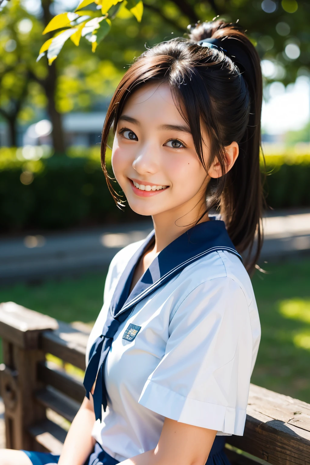 lens: 135mm f1.8, (highest quality),(RAW Photos), (Tabletop:1.1), (Beautiful 16 year old Japan girl), Cute face, (Deeply chiseled face:0.7), (freckles:0.4), dappled sunlight, Dramatic lighting, (Japanese School Uniform), (On campus), shy, ponytail, (Close-up shot:1.2), (smile),, (Sparkling eyes)、(sunlight),