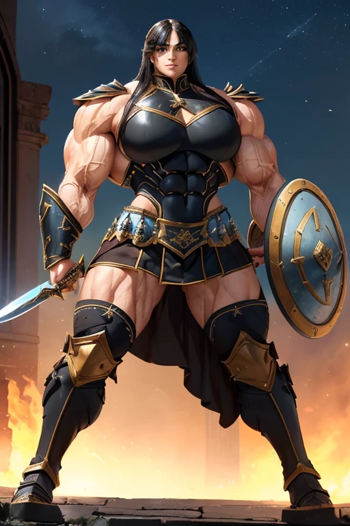 ((((Massive, tall, beautiful, buff, muscular brown skinned female gladiator with black hair, ginormous bulky muscles, holding a sword and shield and wearing an all black gleaming gladiator armor and pleated skirt)))), (close view), black eyeliner, massive muscles, massive biceps, hyper muscle triceps, (long straight hair), orange eyes, gladiator boots, In a Roman city, steel gladiator armor, armor breastplate, nighttime, confident smile, (hyper muscles arms), hyper muscle legs, (ginormous arms)