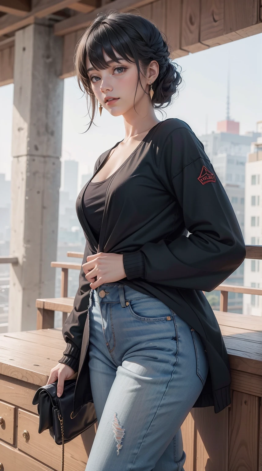 Ayolf, olhos vermelhos, cabelo preto, Cabelo longo, rabo de cavalo, lindo, lindo woman, corpo perfeito, Seios perfeitos, em uma camisa branca, black cardigan, Jeans longos, Bolsa, use the watch, usando brincos, em aula, No campus, Universidade, Quadro de giz, Olhando para o visualizador, Um leve sorriso, realismo, mesa, couro texturizado, super detalhado, alto detalhamento, alta qualidade, melhor qualidade, 1080p, 16K、(((Menina sendo fotografada com smartphone、Photo through smartphone camera)))