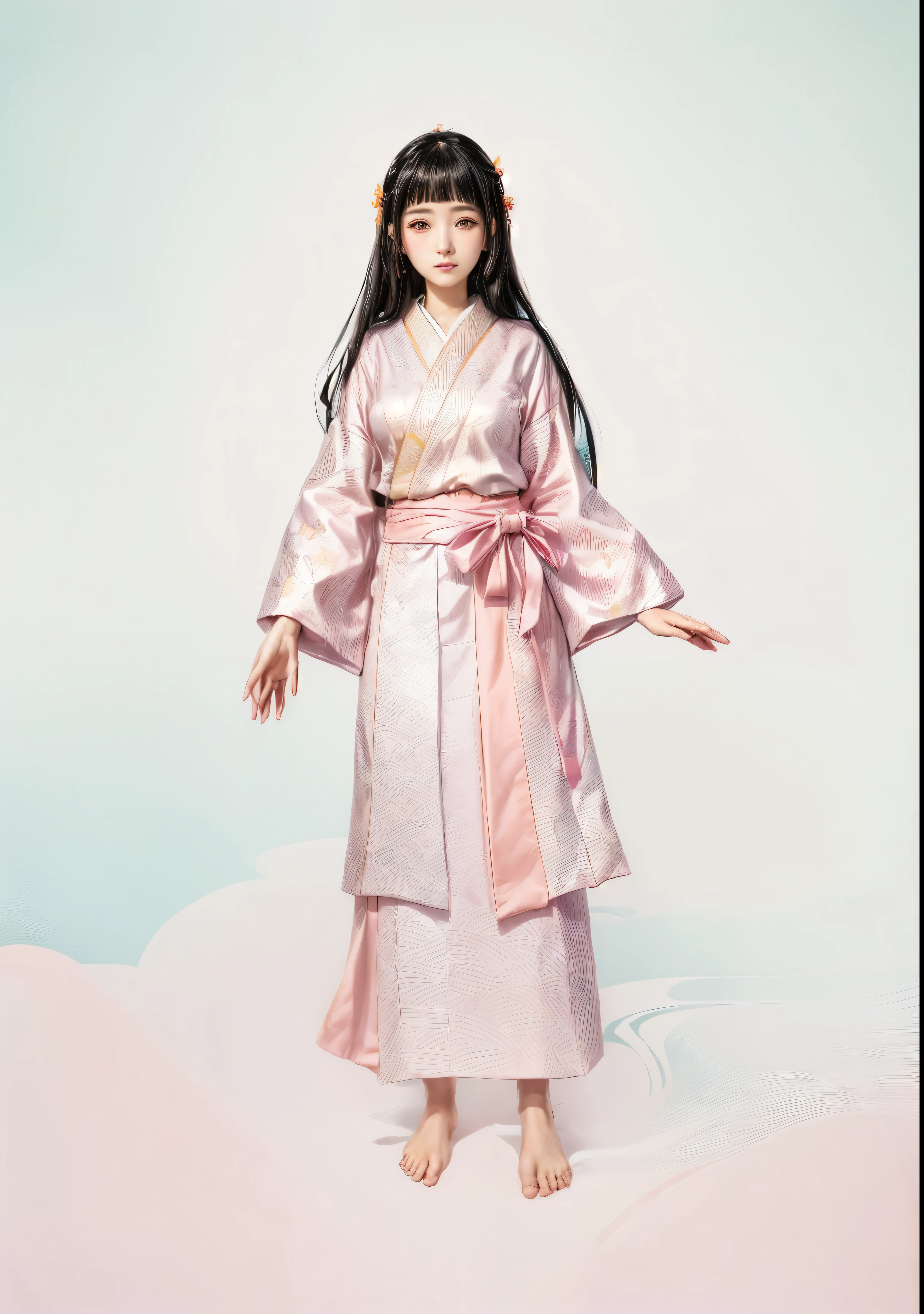 Anime girl with long black hair wearing a kimono, Hinata Hyuga, wearing a haori, Nezuko-chan, Female Anime Characters, mitsumayo, harumi, Anime full body illustration, Nezuko, Flowing hair and long kimono, katsura masakazu, Light-colored clothes, utamaro kitagawa style, Light pink dress、There is a light yellow apron、barefoot、Japanese。