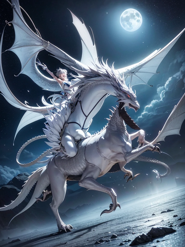 A beautiful silver dragon spreads its wings and breathes into the moon.、