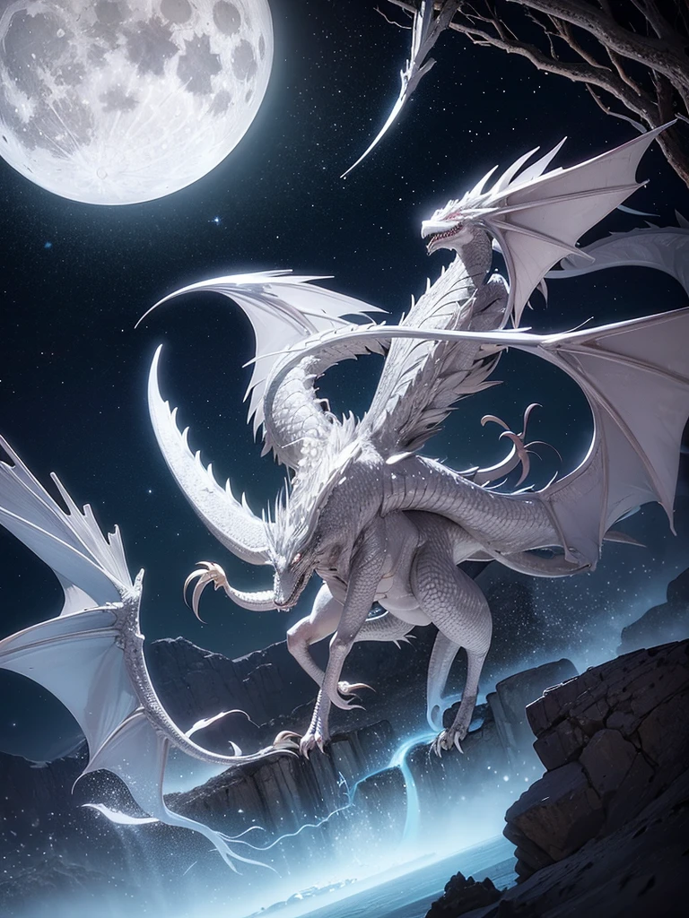 A beautiful silver dragon spreads its wings and breathes into the moon.、