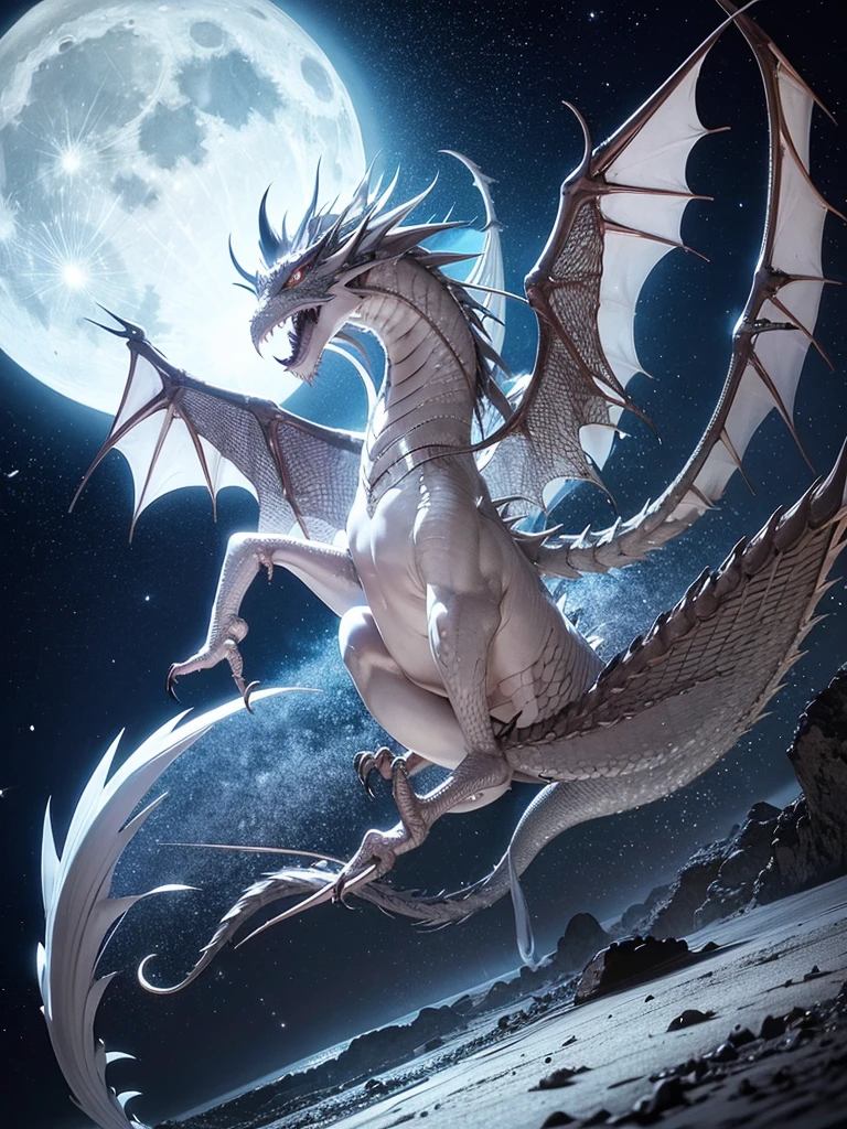A beautiful silver dragon spreads its wings and breathes into the moon.、