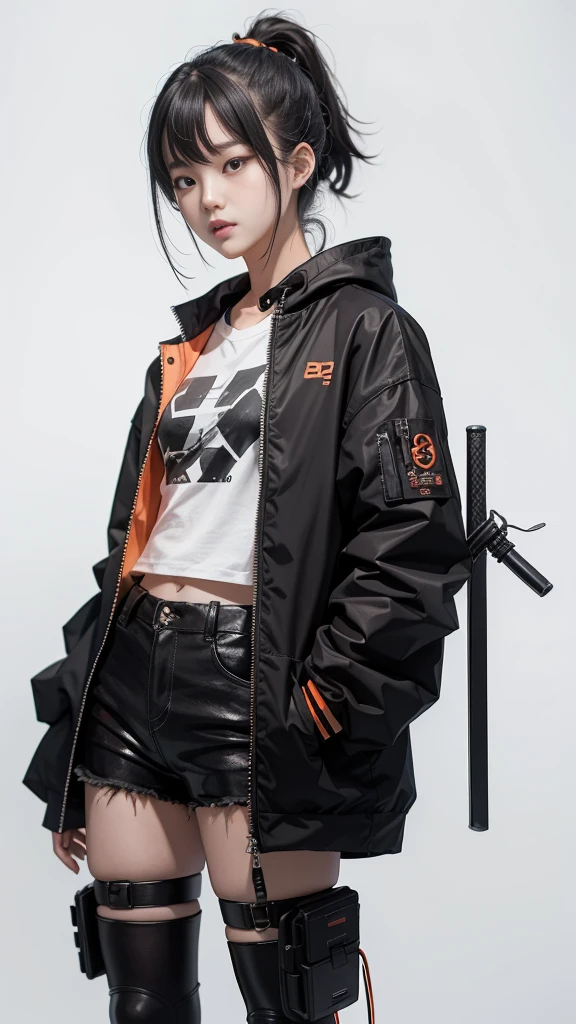 An 18 year old Korean teenage girl, Douyin, wears cool cyberpunk style clothes in variations of black and orange, poses coolly while carrying a katana, on a white background.