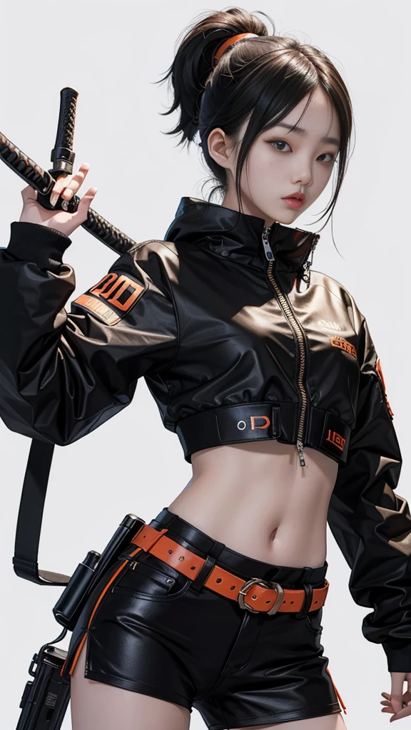 An 18 year old Korean teenage girl, Douyin, wears cool cyberpunk style clothes in variations of black and orange, poses coolly while carrying a katana, on a white background.