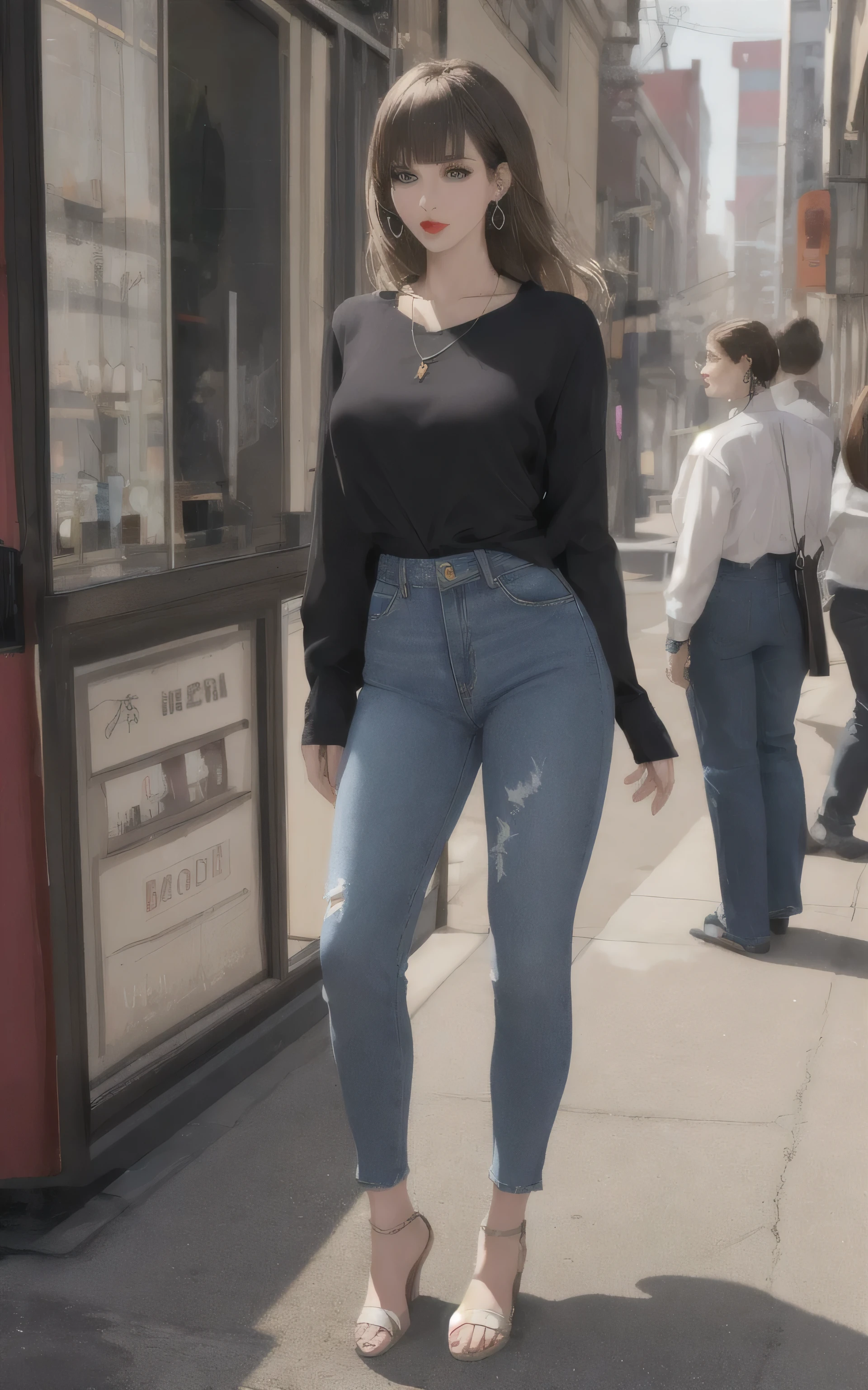 1girl, bangs, light brown hair, blunt bangs, brown eyes, denim, earrings, jeans, jewelry, lips, long hair, long sleeves, looking at viewer, necklace, pants, red lips, shirt, solo, standing, looking away,
masterpiece, best quality, toon \(style\),