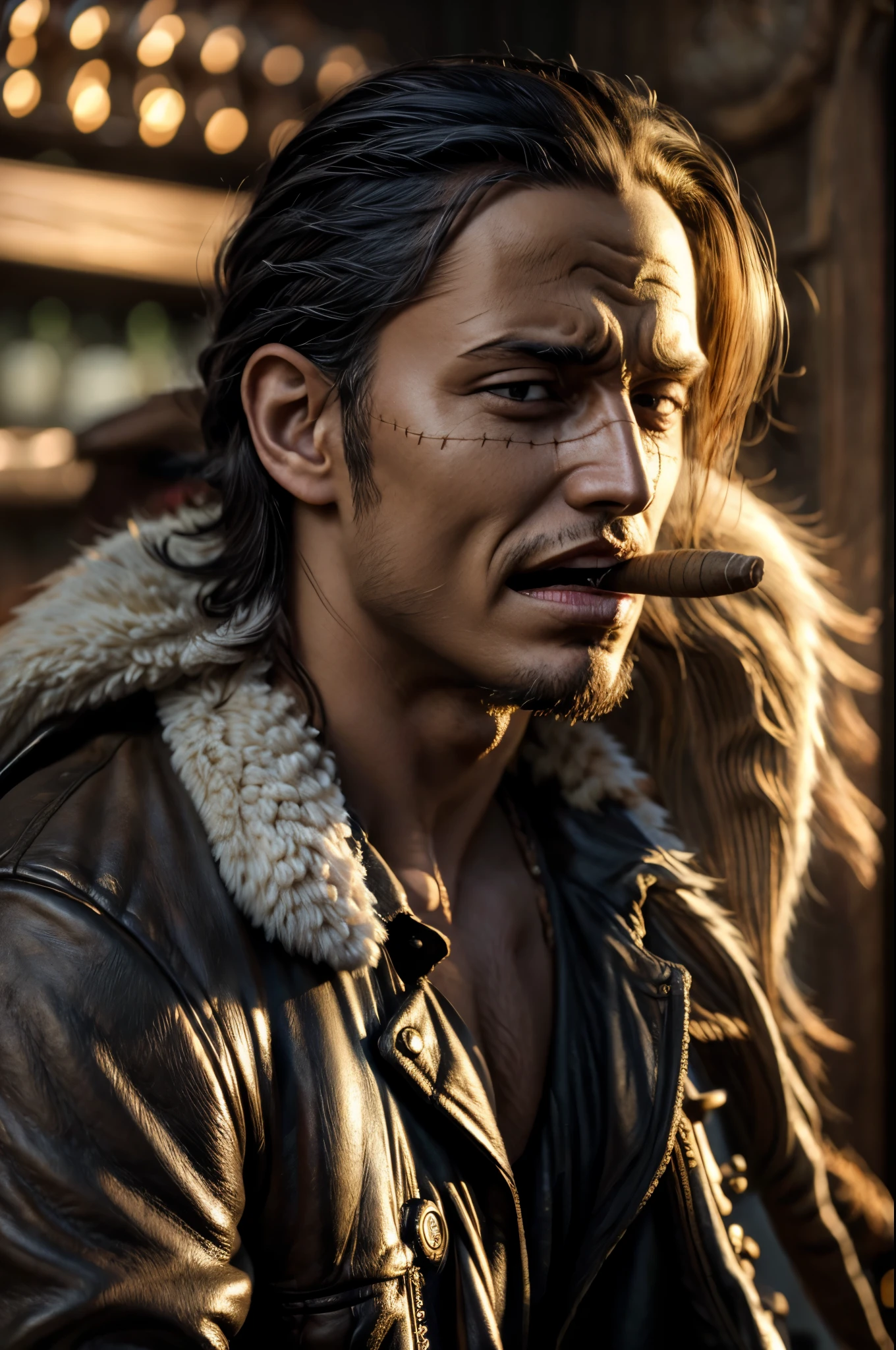 masterpiece, best quality, extremely detailed, hyperrealistic, photorealistic, a cool 40s man, ultra detailed face:1.2, fur-trimmed coat, scarf around the neck, his left hand is a golden pirate hook:1.1, at bar:1.1, beer, cigar, laughing:1.1, dynamic pose
