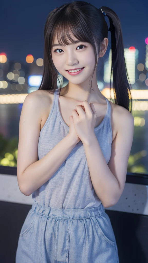 (highest quality,masterpiece:1.3,Ultra-high resolution),(Very detailed,8K),(Realistic:1.4,RAW shooting)。Blurred Background、Looking at the audience、smile、young woman、Tank top、Twin tails、City of night。Night view。