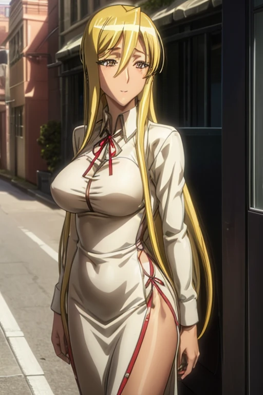 (Shizuka Marikawa Highschool of the Dead) Solo girl, Vary Long Hair, big breasts, white skin, sexy body, sexy Red Dress, slit Dress, big eyes, Brown eyes, long eyelashes, split cloth, realistic, smile, old town background, pookies, details face, hair details, picture details