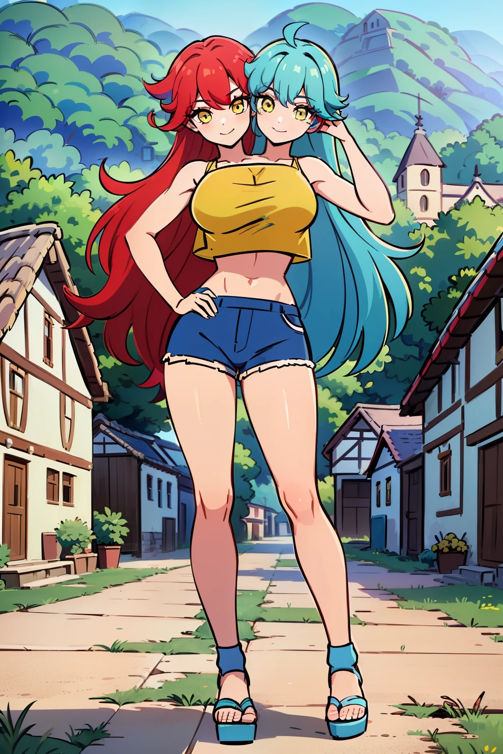 score_9, score_8_up, score_7_up, score_6_up, (by blade \(galaxist\):.6), (by null:.5),  2girls, bulma, starfire, dragon ball, teen titans, bulma and starfire, standing 