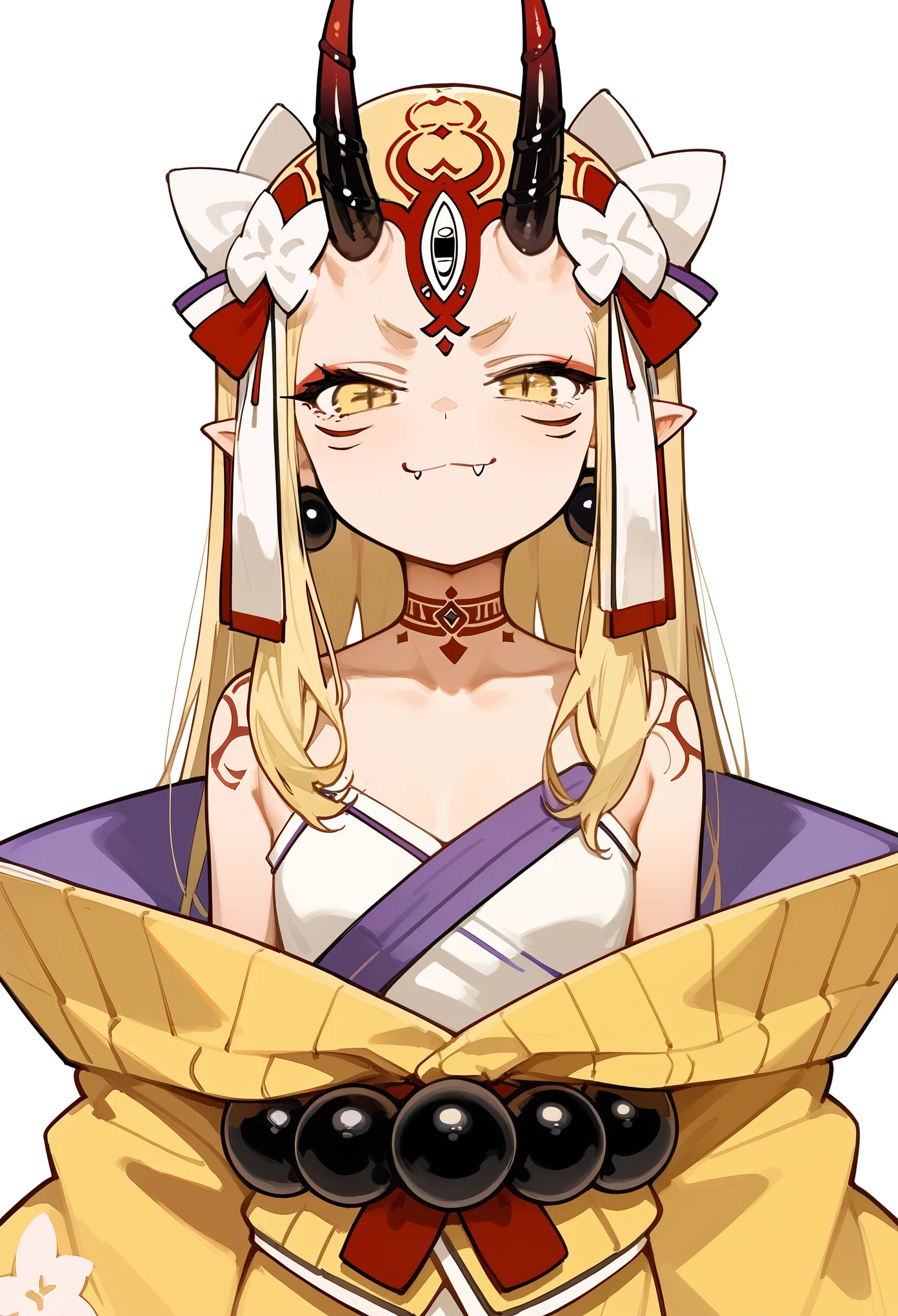 1girl, long hair, blonde hair, sidelocks, yellow eyes, pointy ears, facial mark, tattoo, forehead mark, oni, horns, japanese clothes, yellow kimono, headdress, earrings, jewelry, beads, off-shoulder, wide sleeves, barefoot, smug, closed mouth, fang, standing, upper body, score_9, score_8_up, score_7_up, masterpiece, Very aesthetic, best quality, white background 