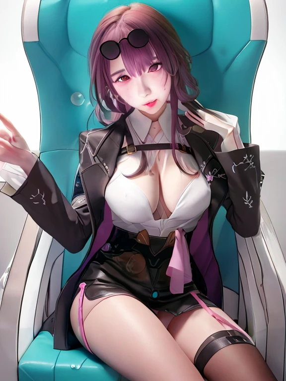 Anime girl sitting on a green chair,Wearing a pair of sunglasses, Fine details. Girls Frontline, from Girls Frontline, Girls Frontline style, best anime 4k konachan wallpaper, Girls Frontline cg, From Azur Route ,Squint your eyes, Smile, Large Breasts. (((Cleavage)))8k, Super detailed, fair and aesthetic, high quality, fair, masterpiece, best quality, permanent, lean forward, Glowing skin, Sticking out tongue of mouth, blush, Sexy body, Definition, Perfect eyes, Sticking out tongue, blush, Strabismus,(with tears in eyes, Saliva residue), The hem of the skirt is wet, Brushed, photography, 8k, HDR, high resolution, absurd:1.2, Kodak Portrait 400, Film Grain, Blurred background, Bokeh:1.2, lens flare, (Energetic_color:1.2),专业photography师