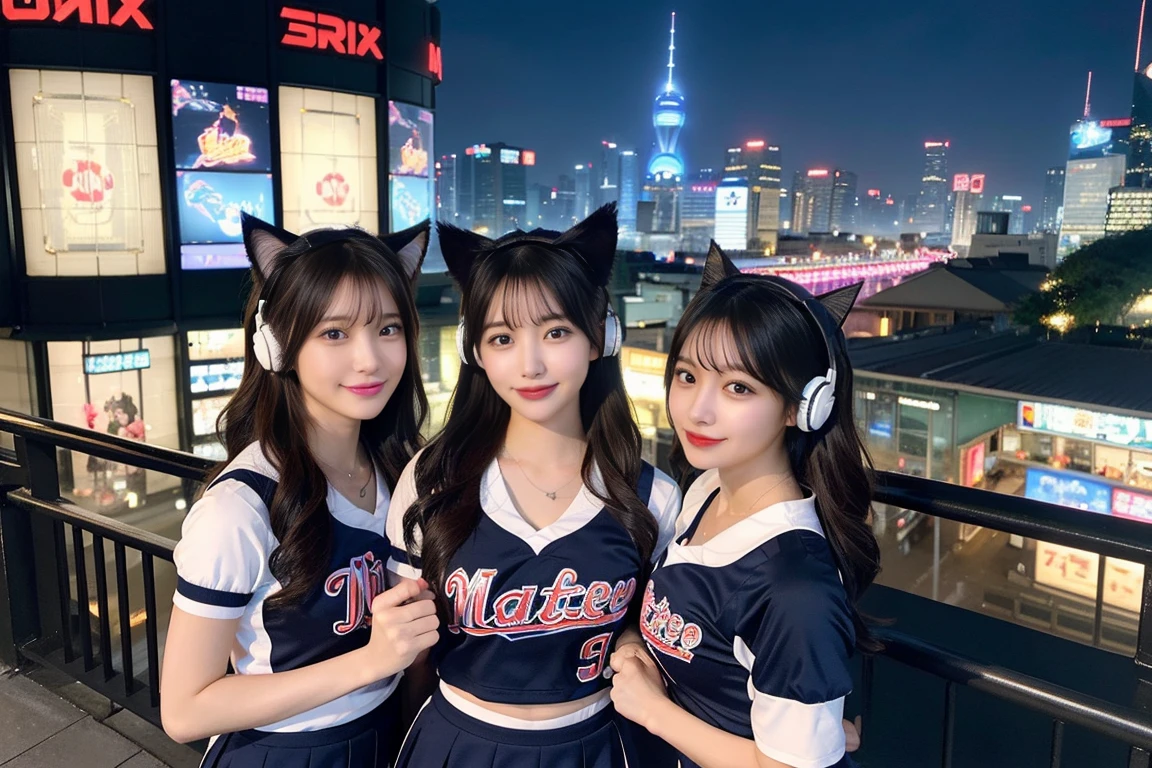 ((最high quality, 8k, masterpiece詳細, 超High resolution)), (Group photo), (Looking at the audience), (Mid Shot:), Attractive girl、Cute Girls、Four girls lined up、Random Face、Young Japanese women、Full body photo、whole、最high quality, masterpiece, 32k、Very detailed、Realistic、Japanese women、Cute face, (photo Actual:1.3), Edge lighting, (Skin with attention to detail:1.2), 8k超High resolution, Single-lens reflex camera, high quality, High resolution, 4K, 8k, Optimal ratio of four fingers to one thumb, (Actual:1.3), smile、Big Tits(Big 、With a valley)、自然なsmile、Baseball Cheerleader Costumes(Black、Light blue line design、Japanese professional baseball cheerleaders)、Cat ear headphones(ピンク色のネオンCat ear headphones)、Realistic、Super Realistic、32k、Very detailed、masterpiece, 最high quality, beautiful girl, beauty、 Mecha, Beautiful lighting, Sitting,Cyber Neon、Future City、Skyscraper、City Night、Shanghai、Big cities、Night view、綺麗なNight view