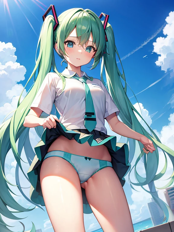 Hatsune Miku lift Calvin Klein plain flamingo underwear ,scool uniform,embarrassed