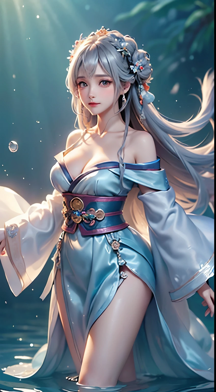 ((masterpiece:1.5、8k、Tabletop、フォトリアリスティックでVery detailedなCG、Very detailed、Particle Effects、Dynamic Effects、Written boundary depth、Cinematic Light、Lens flare、Ray Tracing、Tabletop、Realistic:1.4、超A high resolution:1.2、Realistic、Realistic))((alone、,A woman wearing royal hanbok off-the-shoulder:1.4、Dynamic female pose:、Detailed face、Bright expression、young, Brighter, Whiter skin、Ample breasts、Best Looks、Ultimate beauty、Shiny silver hair with highlights、Bright and shiny hair,、Super long, Silky straight hair、Hair swaying in the water))(underwater,Beautiful underwater ruins background,Air bubbles、Because they are underwater, their clothes and hair follow the flow of the water.)((Off-the-shoulder style,Expose your shoulders、Expose the neck、Exposing cleavage))
