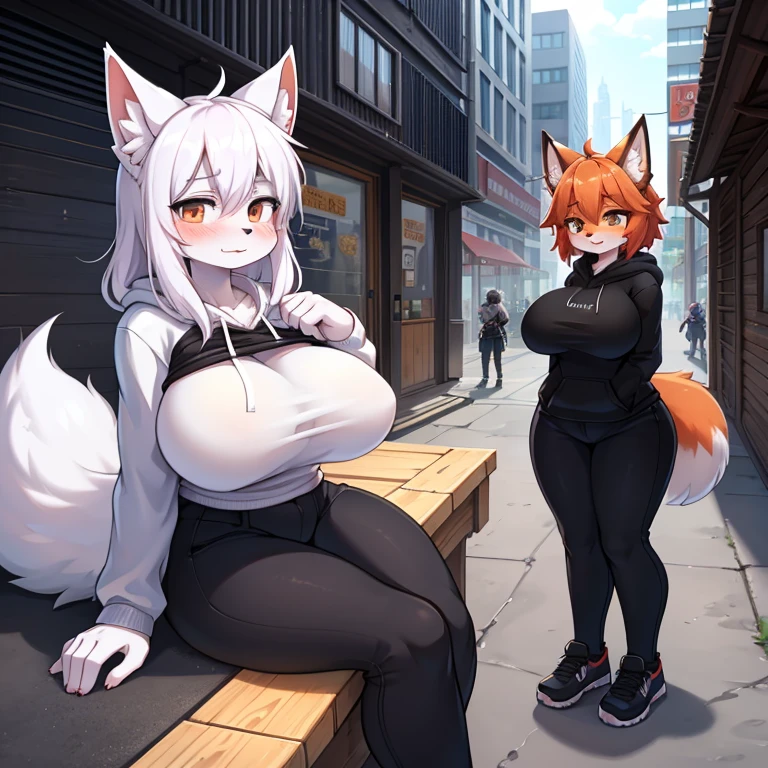 3 girls, fox, wolf, cat, furred dragon, massive breasts, white body suit, showing everything, white tshirt, black hoodie, black pants, black shorts, white fox, black shorts, destroyed city, outside, no life, armed, blushing, looking at user, stern,any position, fluffy fur, fluffy tail, undersized outfit, prepared, hacking, standing or sitting, rooftop or ground, proper human anatomy, massive hips, getting dressed, getting undressed, hacking