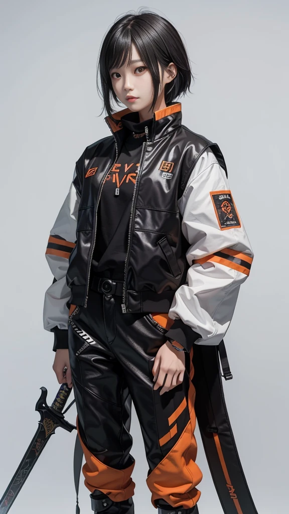 An 18 year old Korean age girl, Douyin, wears cool cyberpunk style clothes in variations of black and orange, poses coolly while carrying a sword, on a white background.