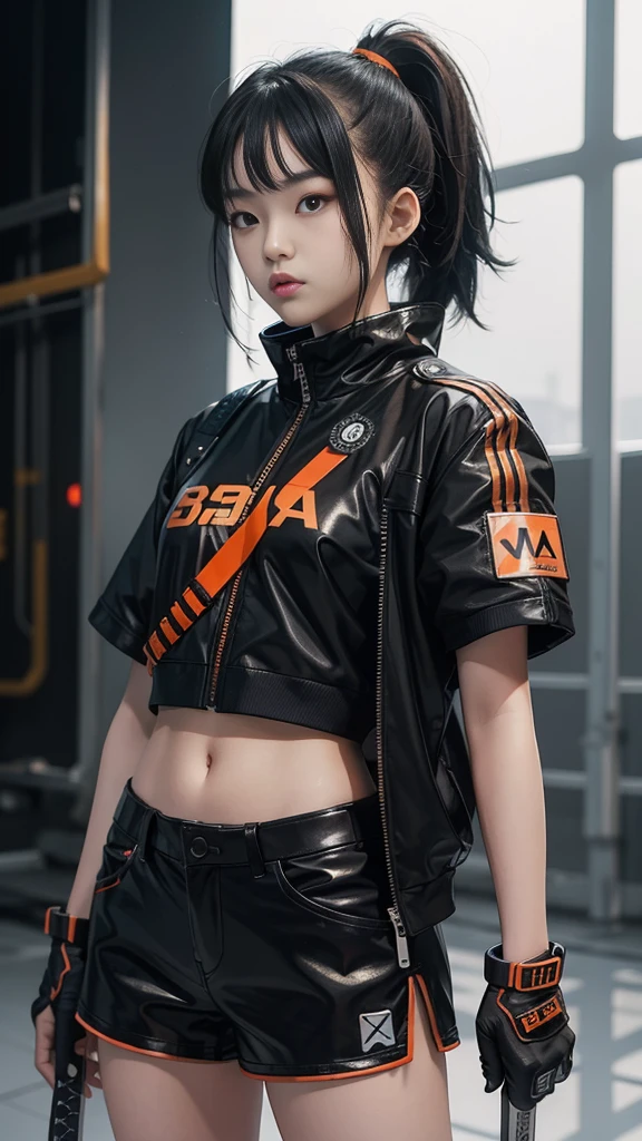 An 18 year old Korean teenage girl, Douyin, wears cool cyberpunk style clothes in variations of black and orange, poses coolly while carrying a sword, on a white background.