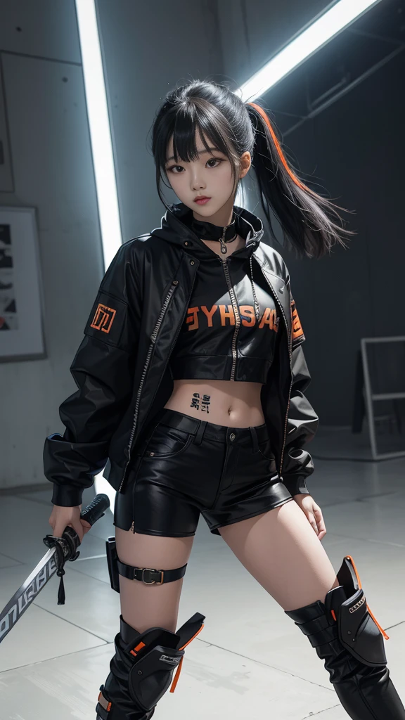 An 18 year old Korean teenage girl, Douyin, wears cool cyberpunk style clothes in variations of black and orange, poses coolly while carrying a sword, on a white background.