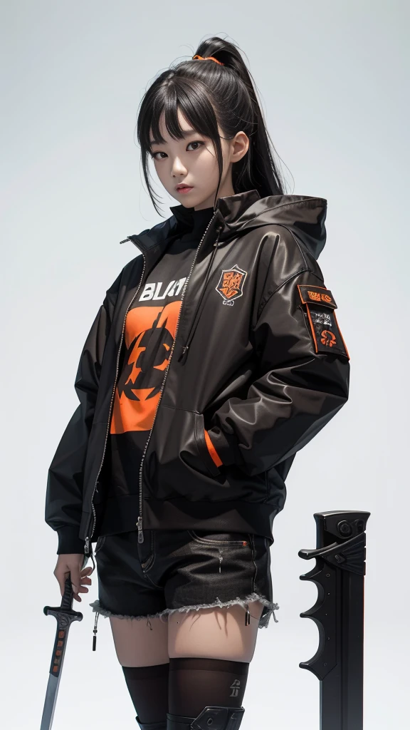 An 18 year old Korean age girl, Douyin, wears cool cyberpunk style clothes in variations of black and orange, poses coolly while carrying a sword, on a white background.
