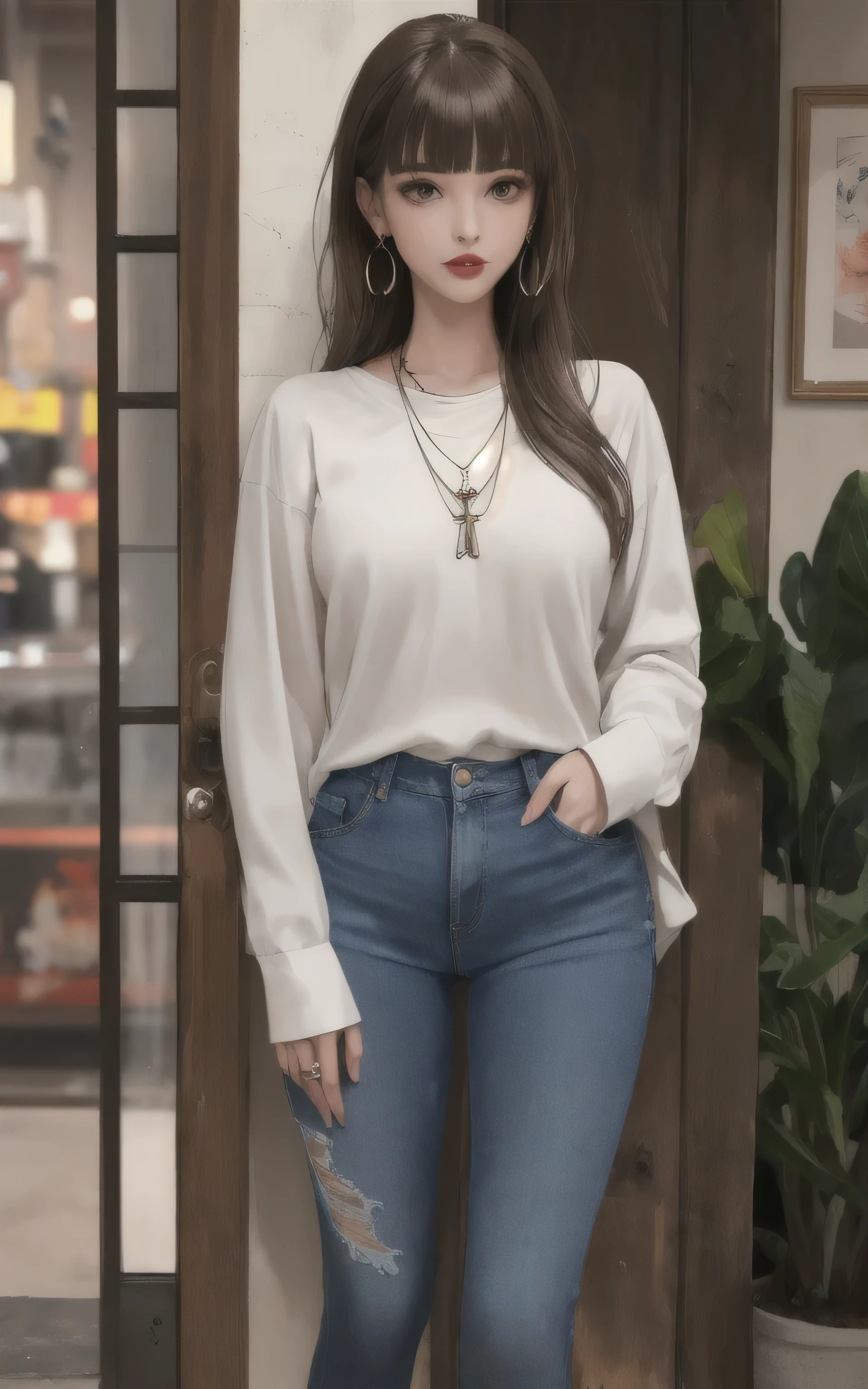 1girl, bangs, light brown hair, blunt bangs, brown eyes, denim, earrings, jeans, jewelry, lips, long hair, long sleeves, looking at viewer, necklace, pants, red lips, shirt, solo, standing, looking away,
masterpiece, best quality, toon \(style\),