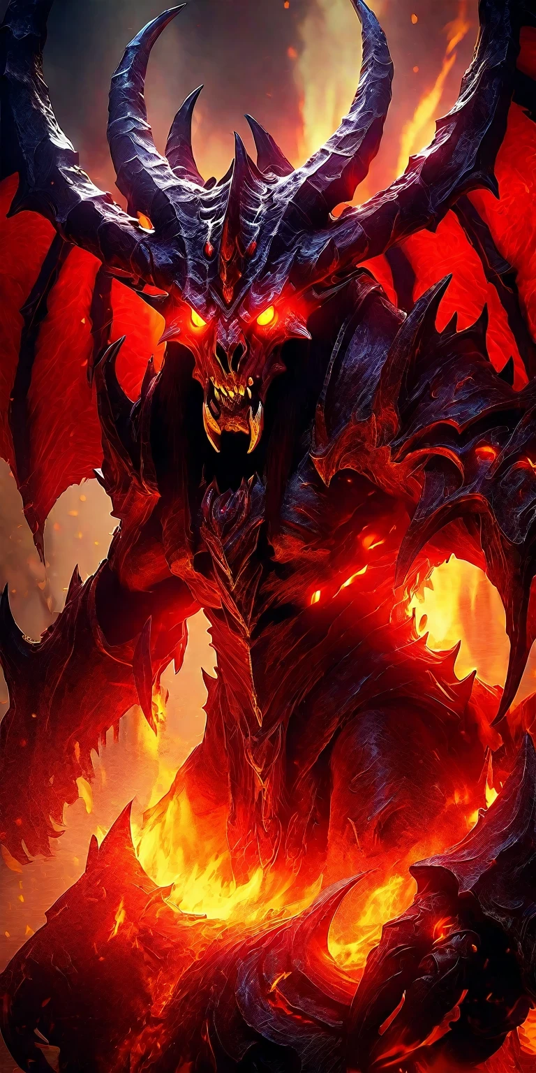 Demonic creature with glowing eyes and horns in fiery scene, World of Warcraft concept art, World of Warcraft Art, World of Warcraft Art style, Deathwing, World of Warcraft ink art, Diablo digital concept art, Diablo concept art, World of Warcraft Artwork, Diablo, blizzard World of Warcraft Artwork, From World of Warcraft, Blizzard game concept art, Balrog, From Warcraft
