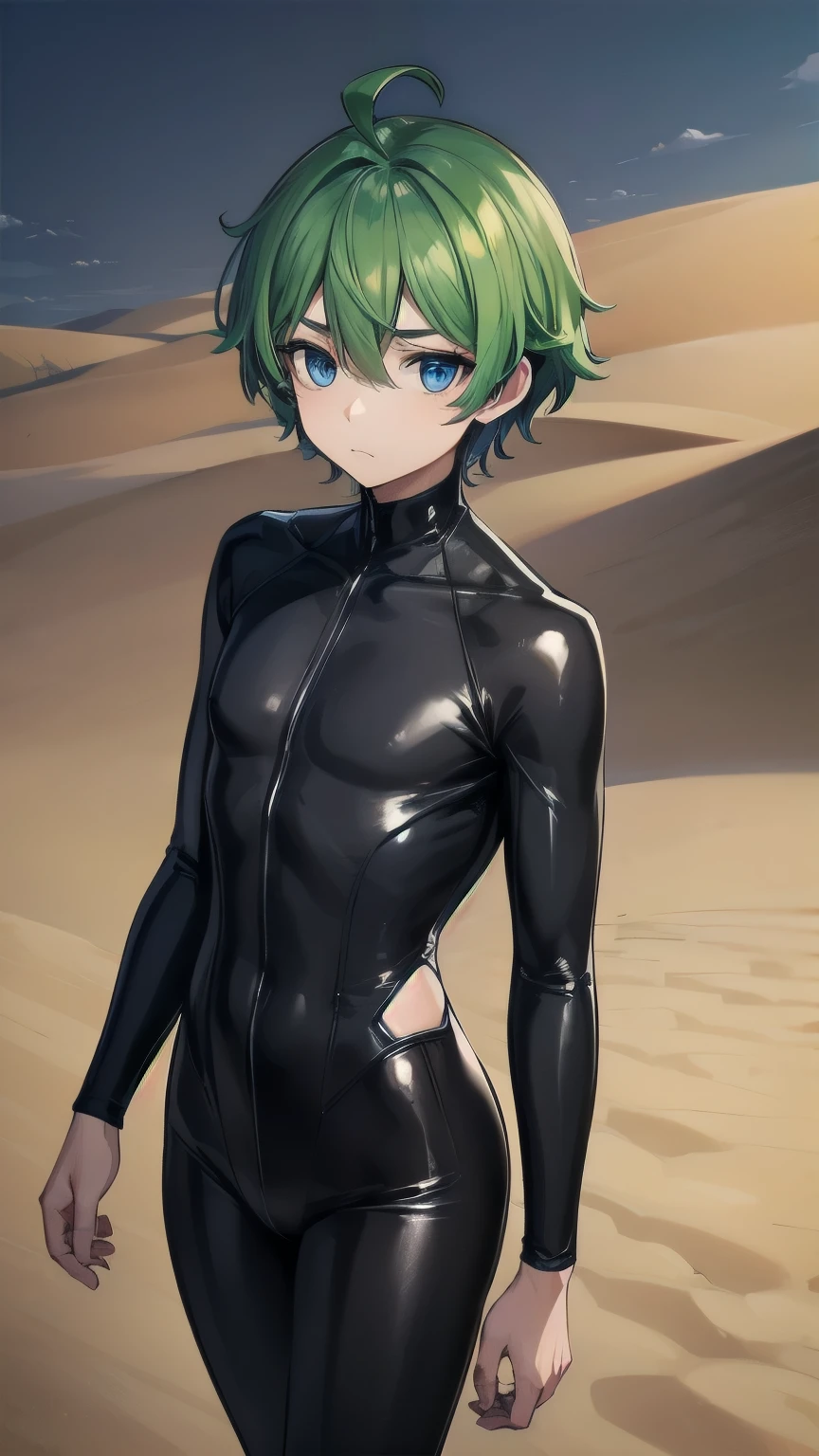 (masterpiece), ((sfw)), best quality, expressive eyes, perfect face, mature male, (1boy, adult Man), young adult, young man, solo, Green hair BREAK ahoge, blue eyes BREAK bodysuit, black suit, :/, standing, desert, sand, landscape, day, outdoors