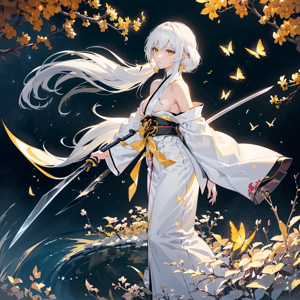 ((high resolution　White Hair　Long Hair　Black kimono　Black band　Military commander　Lonely　despair))　((Yellow butterfly　night　Japanese style　Shoulder　old　Shining Aura　garden　water surface))　(Dance　Blade of Darkness　Japanese sword　Holding a sword　Slashing)　moon　star　Draw your sword　Slashing　Catch the wind　Lie down