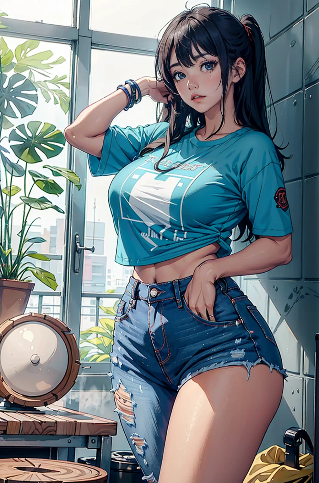 (Hinata Hyuuga, muito sensual, com roupas apertadas, bunda grande, pernas grossas, Vestindo jeans extremamente apertado, usando uma mini blusa, umbigo com pirsing, cabelo grande, Speaker behind, muito realista, extremamente sexy, 8k, 8k extremamente detalhado), (um extremamente delicado e bonito), (obra-prima), (melhor qualidade: 1.0), (Ultra-alta:1.0)