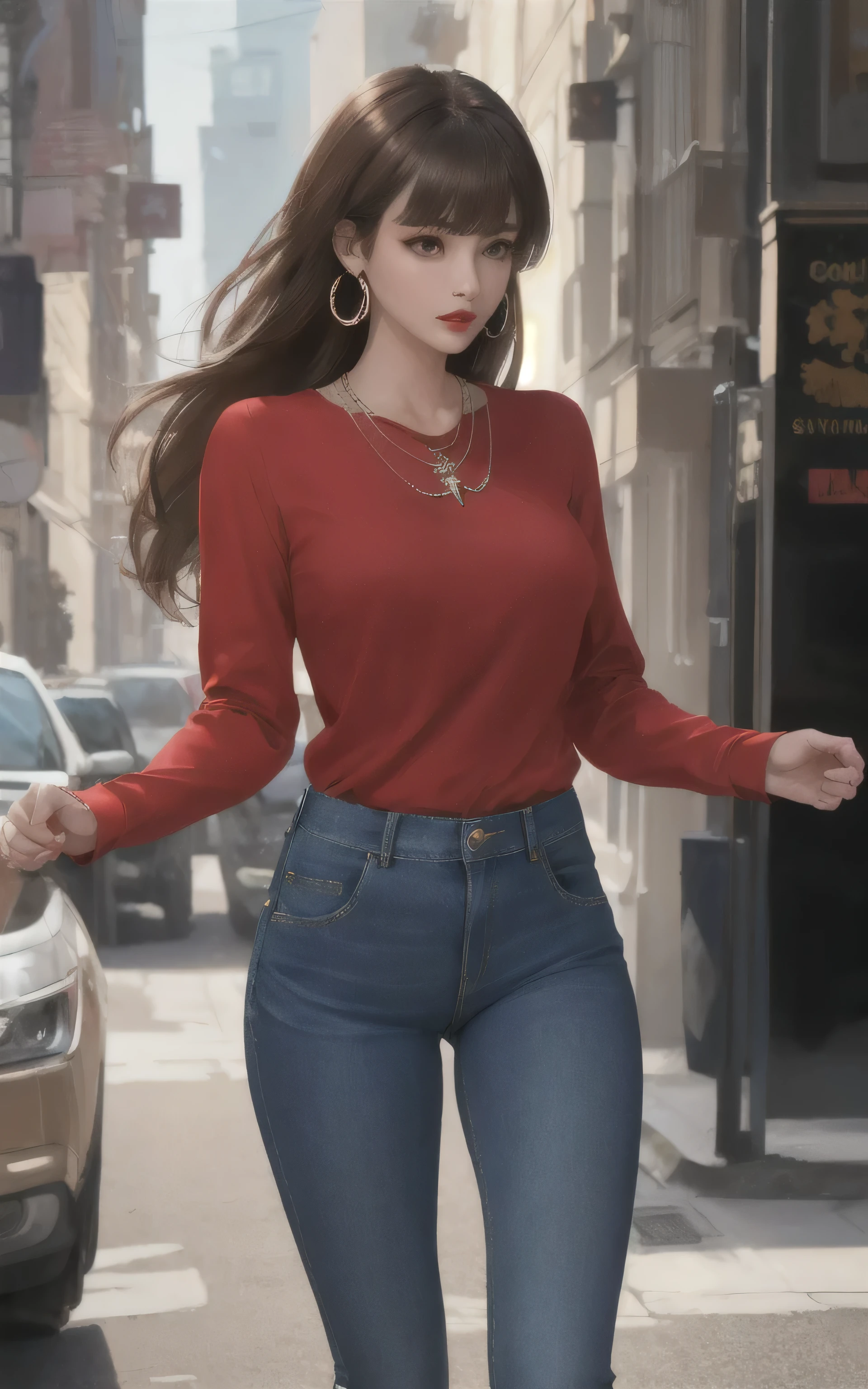 1girl, bangs, light brown hair, blunt bangs, brown eyes, denim, earrings, jeans, jewelry, lips, long hair, long sleeves, looking at viewer, necklace, pants, red lips, shirt, solo,  standing, looking away, 
masterpiece, best quality, 