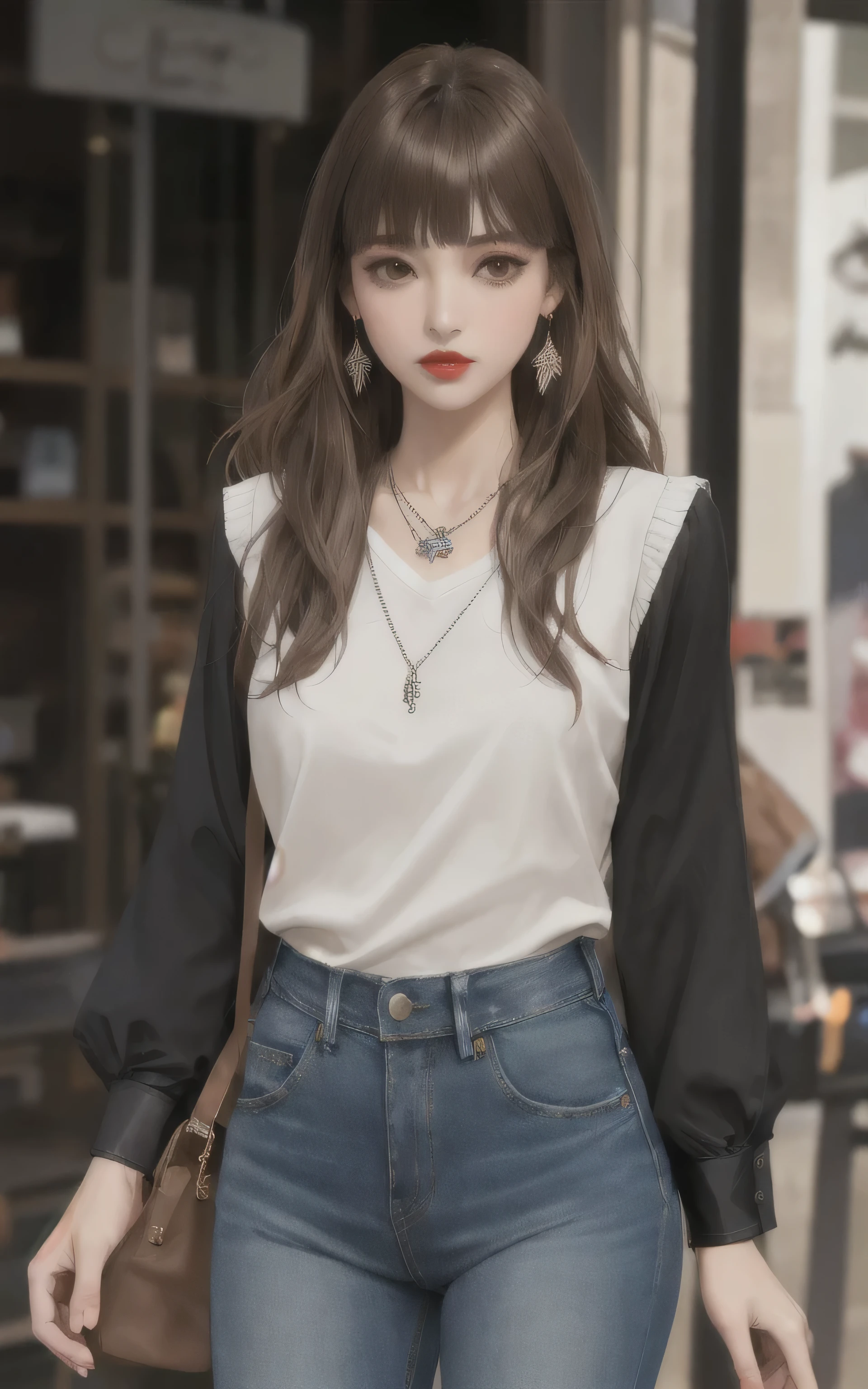 1girl, bangs, light brown hair, blunt bangs, brown eyes, denim, earrings, jeans, jewelry, lips, long hair, long sleeves, looking at viewer, necklace, pants, red lips, shirt, solo, standing, looking away,
masterpiece, best quality,