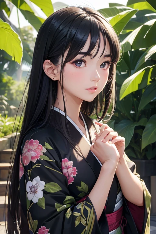 (best quality,4k,8k,highres,masterpiece:1.2),ultra-detailed,(realistic,photorealistic,photo-realistic:1.37),portrait,anime,colored pencil,[purple-eyed], [long black hair],[long-sleeved kimono],bright, fresh green leaf world,scattering leaves of light,flying green light,floating crystal fragments,lots of sparkle,fresh greenery,refreshing,smooth skin,detailed facial features,graceful posture,vivid colors,beautiful patterns,gentle expression,harmonious blend of traditional and modern,subtle lighting,dim shine,glossy black hair,delicate folds of the kimono,sharp lines,soft hues.