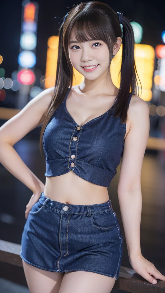 (Bold exposure:1.8)、A large, firm and beautifully shaped chest、Purple bra、Plain navy denim micro mini skirt、(Purple braとPlain navy denim micro mini skirtの2着だけしか着ていない:1.8)、Naked shoulders、bare clavicle、Deep cleavage、(The bust is never visible:1.8)、Tabletop, Highest quality, figure, Super detailed, In detail, High resolution, 8k wallpaper, Perfect dynamic composition, Beautiful attention to detail, ,Medium Hair,Natural color lip, Bold sexy pose,smile,Harajuku、20-year-old girl、cute、sexy shot looking at camera
