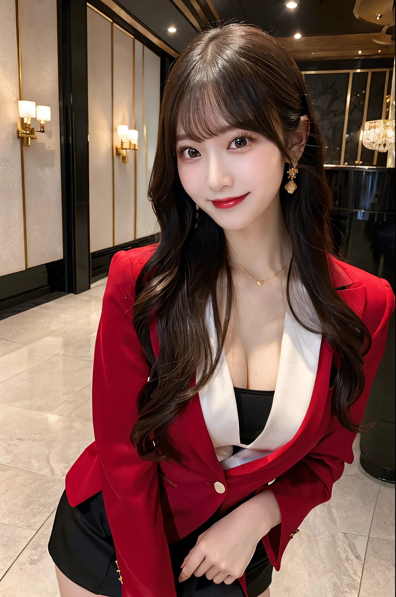 Angle from below、Luxurious space、Hotel Lobby、Straight Long Hair、Black Hair、Jacket、Red suit、short skirt with floral pattern,、Cleavage（Very large breasts、Very thin and long legs、Perfect figure、High heels、whole body、smile）、1 female、No makeup、Age 25、（masterpiece、8K,RAW Photos、High resolution:1.4）
