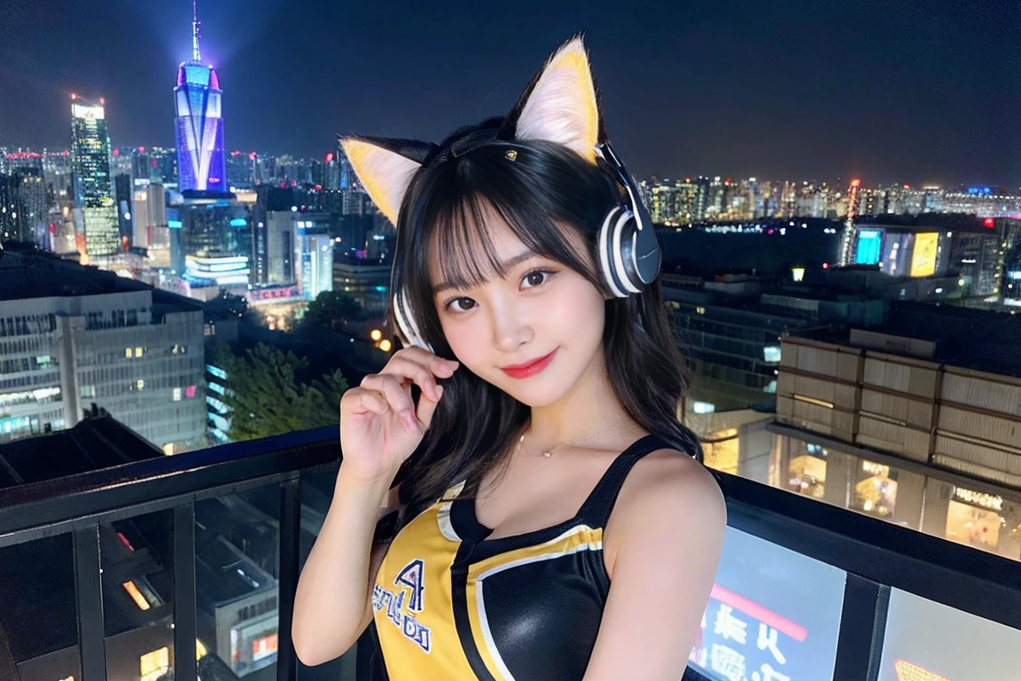 最high quality, masterpiece, 32k、Very detailed、Realistic、1 girl, Japanese women、Cute face, (photo Actual:1.3), Edge lighting, (Skin with attention to detail:1.2), 8k超High resolution, Single-lens reflex camera, high quality, High resolution, 4K, 8k, Optimal ratio of four fingers to one thumb, (Actual:1.3), smile、自然なsmile、Cat ear headphones(Light blue and black neon cat ear headphones)、cute 1 girl, Realistic、Super Realistic、32k、Very detailed、masterpiece, 最high quality, beautiful girl, beauty、Small breasts, Mecha, Beautiful lighting, (Neon Light:1.2), (night:1.5), Cyberpunk Costume、Sitting,Cyber Neon、Future City、Skyscraper、都会のnight、Shanghai、Big cities、night景、綺麗なnight景