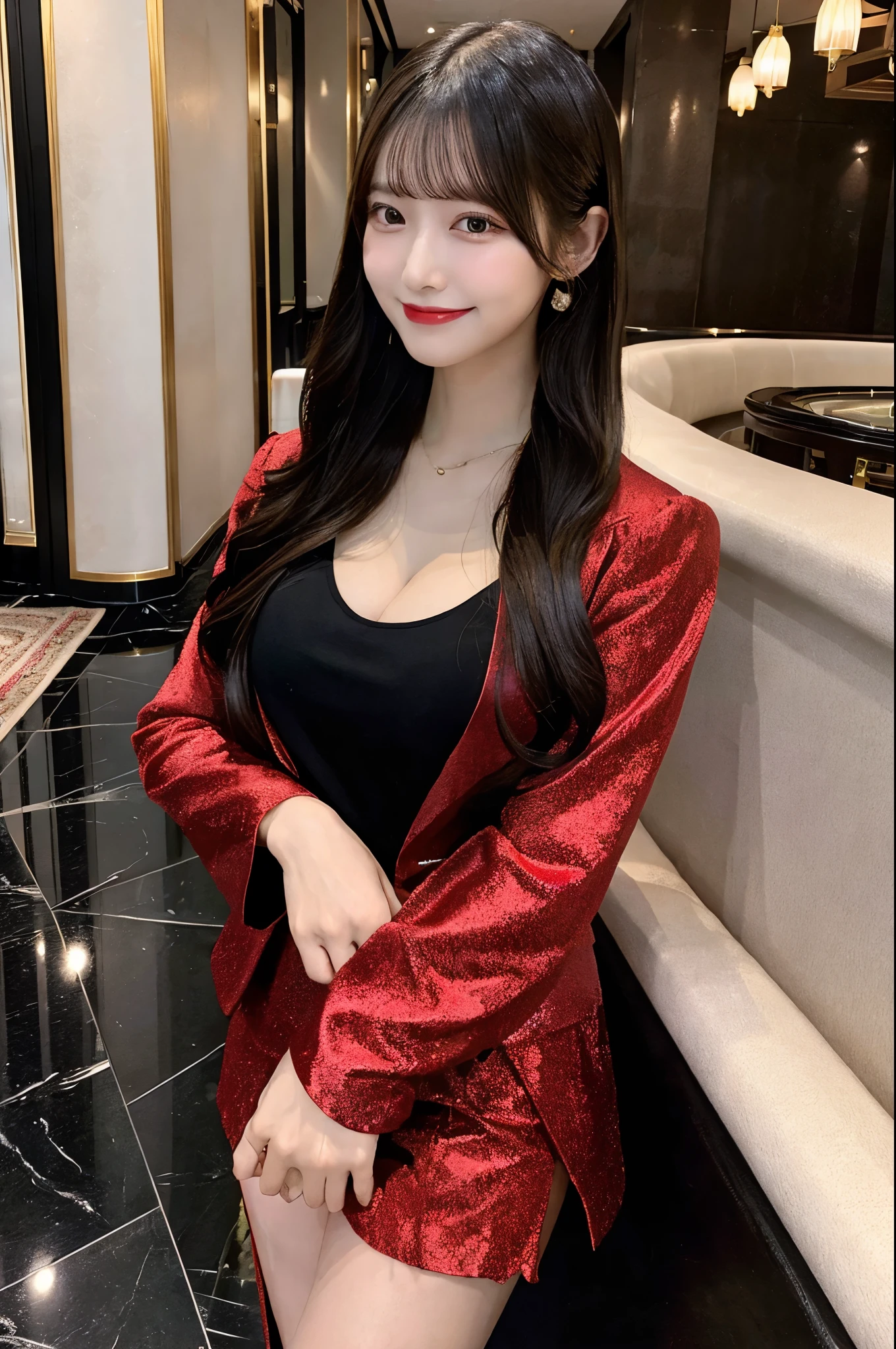 Angle from below、Luxurious space、Hotel Lobby、Straight Long Hair、Black Hair、Jacket、Red suit、short skirt with floral pattern,、Cleavage(Very large breasts、Very thin and long legs、Perfect figure、High heels、whole body、smile)、1 female、No makeup、Age 25、(masterpiece、8K,RAW Photos、High resolution:1.4)