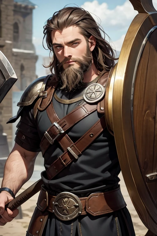 (masterpiece), best quality, expressive eyes, perfect face, man with a beard, viking, short hair, helmet, smiling, axe and shield, medieval period, 