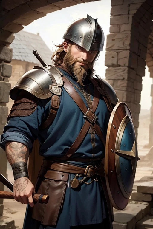 (masterpiece), best quality, expressive eyes, perfect face, man with a beard, viking, short hair, helmet, smiling, axe and shield, medieval period, 