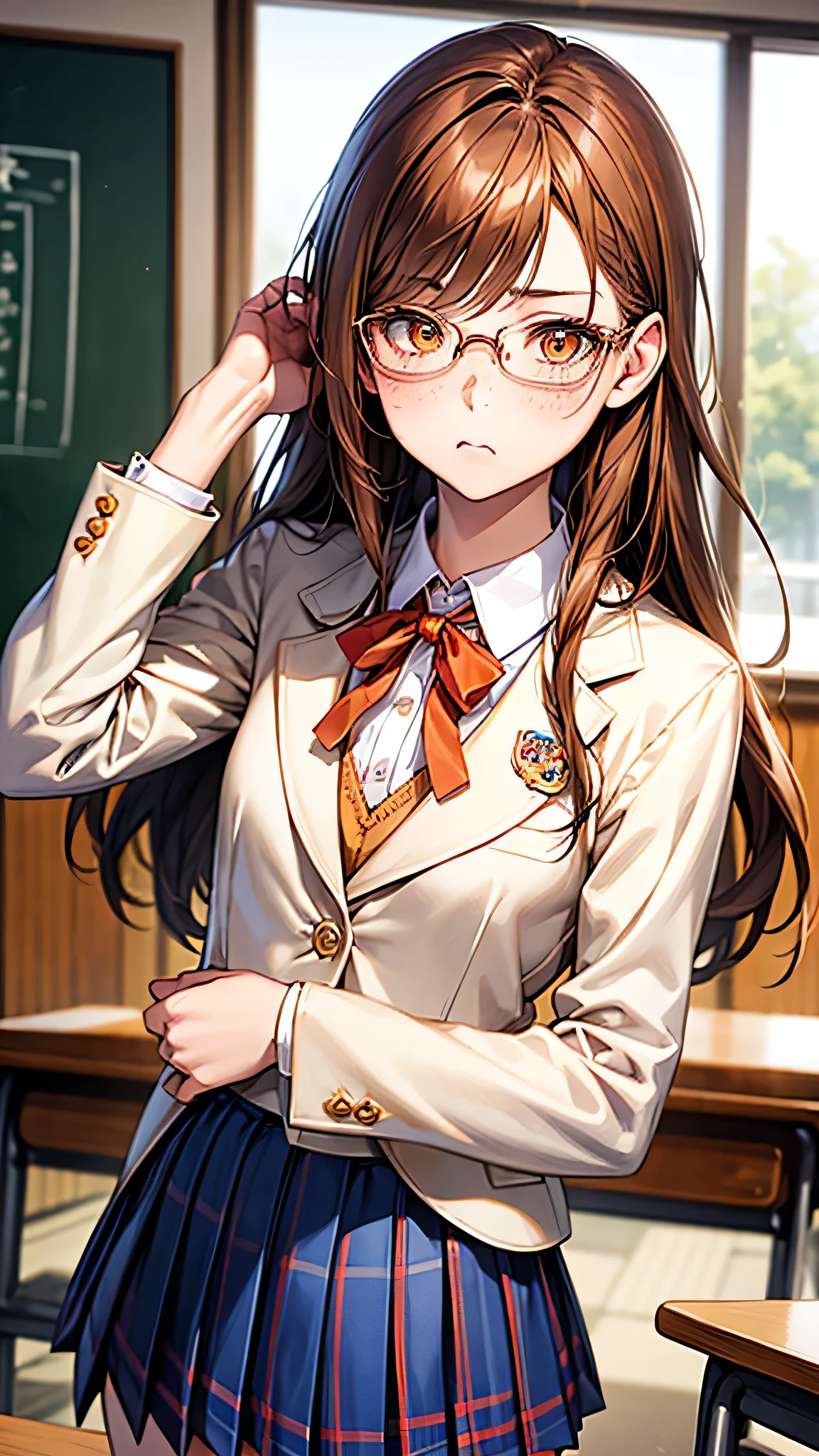 highest quality、Realistic、girl、Japanese、zoom、cute、classroom、Orange Eyes、Light Brown Hair、long hair、Off-white blazer、White blouse、Ribbon、Blue checked pleated skirt、Face close-up、thin、Small breasts、Pouting、freckles、Glasses、