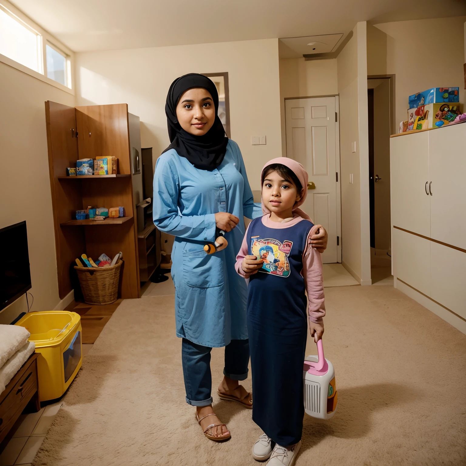 Cartoon Disney +Pixar Muslim girl who is doing housework and raising children is very busy.