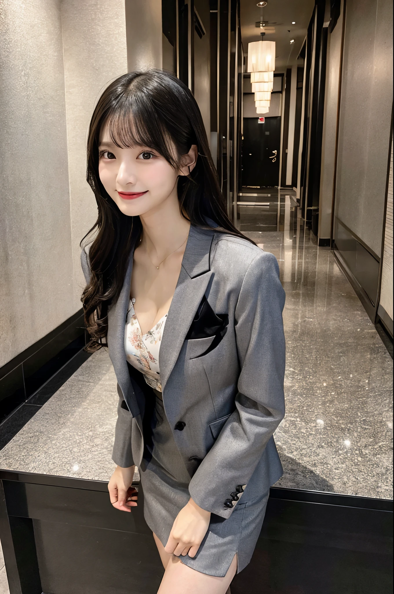 Angle from below、Modern space、Hotel Lobby、Boyish Hair、Black Hair、Jacket、Gray color suit、short skirt with floral pattern,、Cleavage(Very large breasts、Very thin and long legs、Perfect figure、High heels、whole body、smile)、1 female、No makeup、Age 25、(masterpiece、8K,RAW Photos、High resolution:1.4)